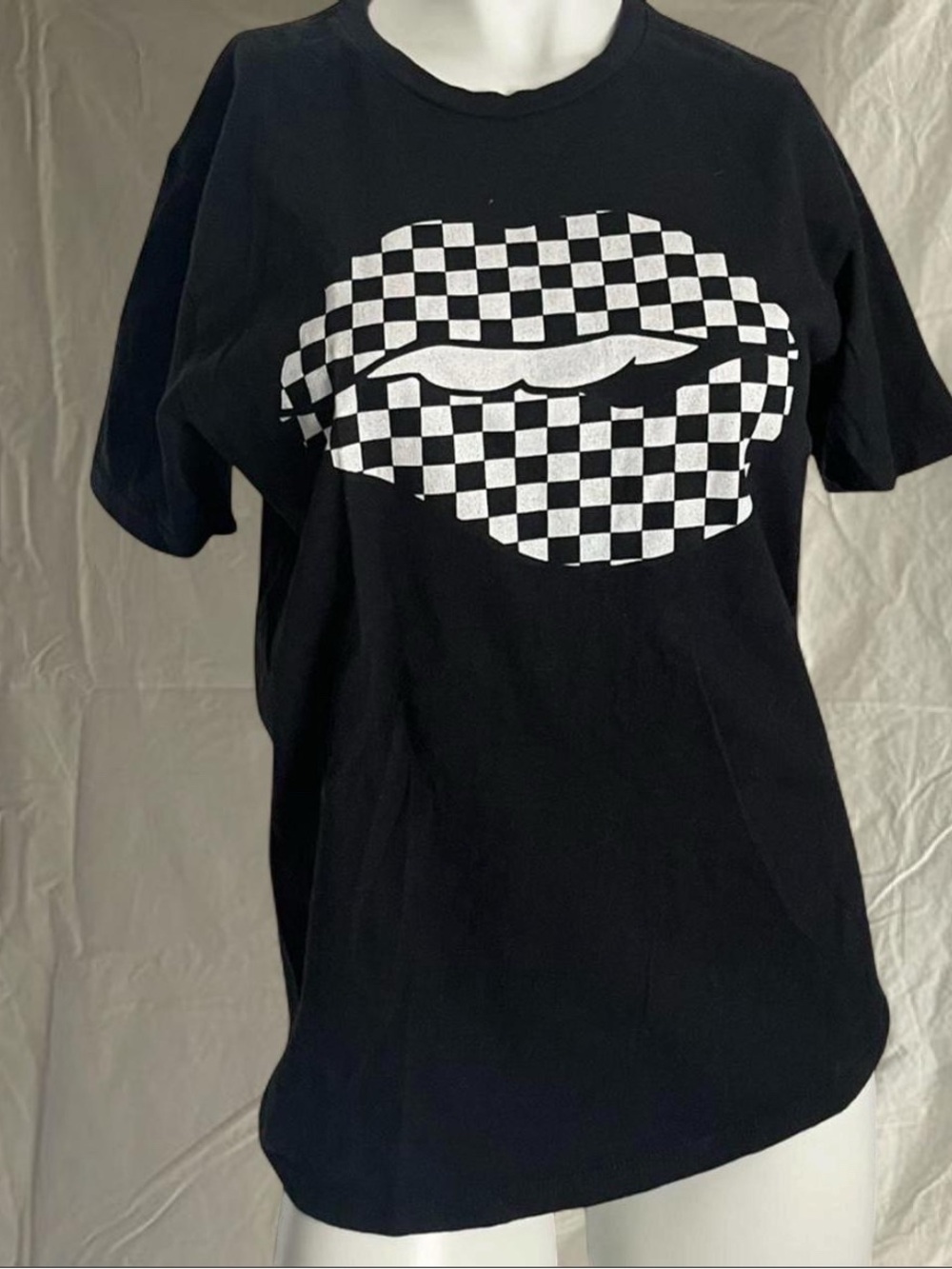 Gildan Black Short Sleeve Tee with White Checkerboard Lip Graphic